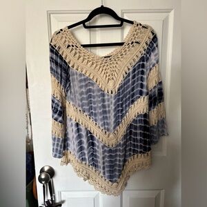 JESSICA Taylor NYC blue white cream colored boho one size tie dye poncho